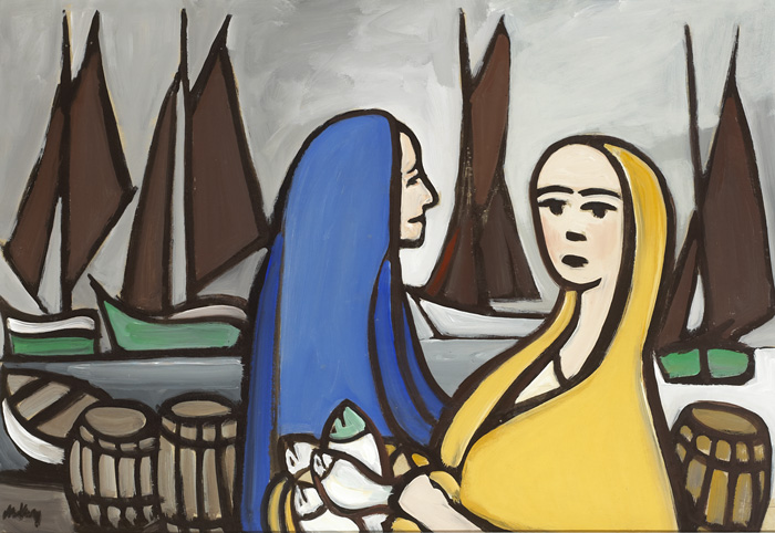 GALWAY FISHERWOMEN BY THE SHORE WITH SAILBOATS BEYOND by Markey Robinson (1918-1999) at Whyte's Auctions