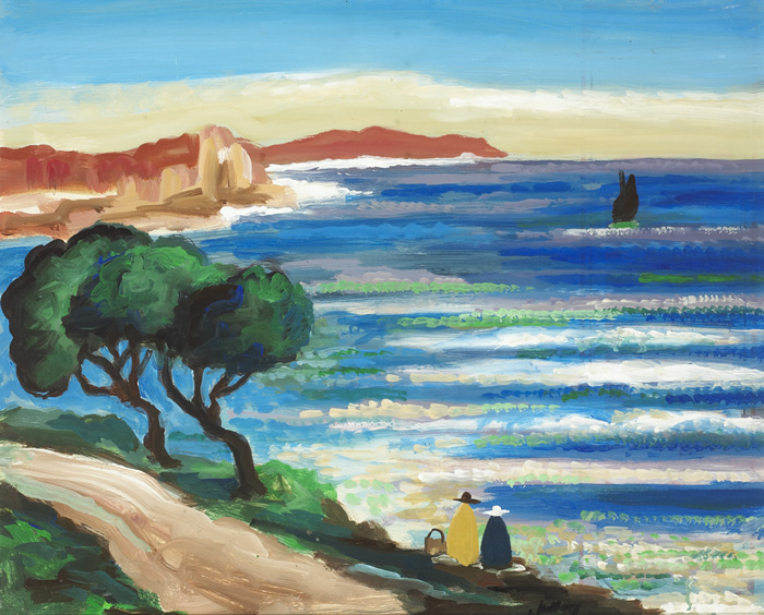 CONTINENTAL SEASCAPE WITH TWO SHAWLIES by Markey Robinson (1918-1999) at Whyte's Auctions