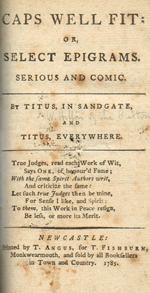 [HILTON ( Wm. )]. Caps Well Fit : or, select epigrams. Serious and comic. By Titus at Whyte's Auctions
