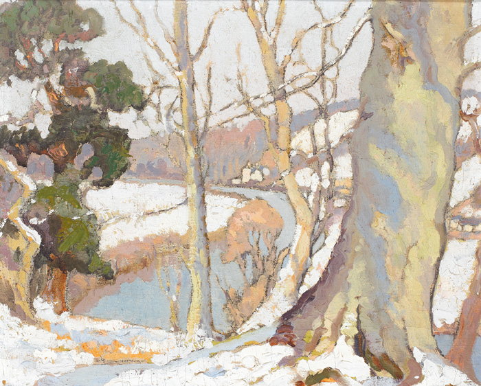 SNOW SCENE; VIEW OF A RIVER BEND AND TREES by Letitia Marion Hamilton RHA (1878-1964) at Whyte's Auctions
