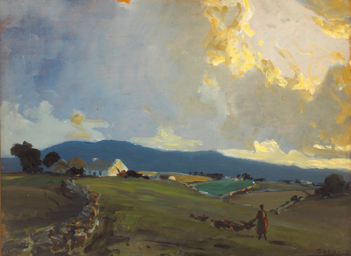 NEAR DUNFANAGHY, COUNTY DONEGAL [LANDSCAPE WITH WOMAN HERDING A FLOCK OF TURKEYS, COTTAGE BEYOND] by James Humbert Craig RHA RUA (1877-1944) RHA RUA (1877-1944) at Whyte's Auctions