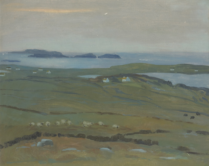 LANDSCAPE WITH SHEEP AND COTTAGES by Carey Clarke PPRHA (b.1936) at Whyte's Auctions