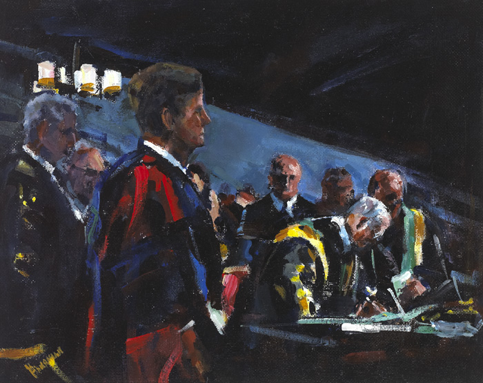 PRESIDENT KENNEDY AT ST PATRICK'S HALL, DUBLIN CASTLE RECEIVING AN HONORARY DEGREE FROM �AMON DE VALERA, CHANCELLOR OF THE NATIONAL UNIVERSITY OF IRELAND by Michael Hanrahan (b.1951) at Whyte's Auctions