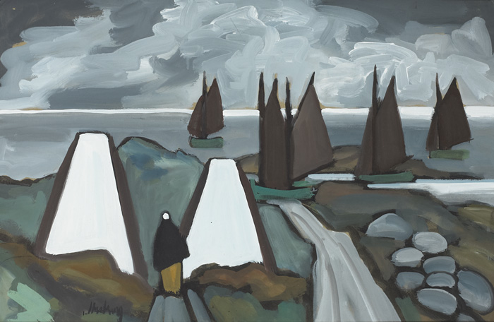 SHAWLIE ON ROCKY ROAD WITH COTTAGES AND SAILBOATS BEYOND by Markey Robinson (1918-1999) at Whyte's Auctions