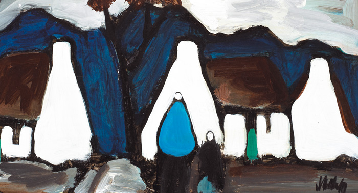 WOMAN AND CHILD BEFORE COTTAGES AND MOUNTAIN by Markey Robinson (1918-1999) at Whyte's Auctions