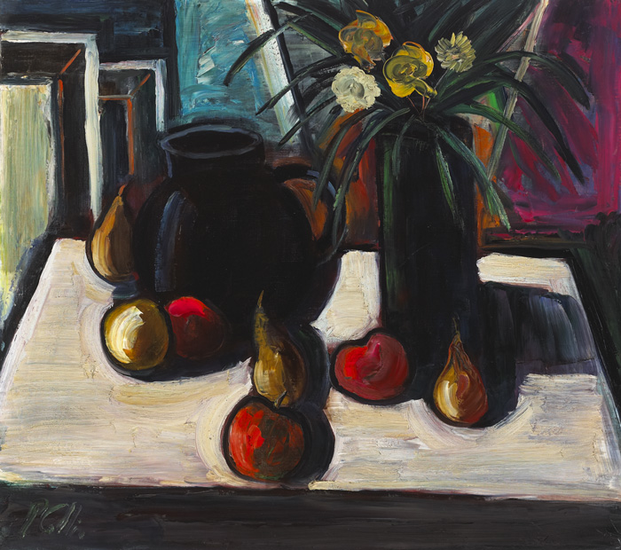 LARGE STILL LIFE WITH FLOWERS, FRUIT AND JUG by Peter Collis RHA (1929-2012) at Whyte's Auctions