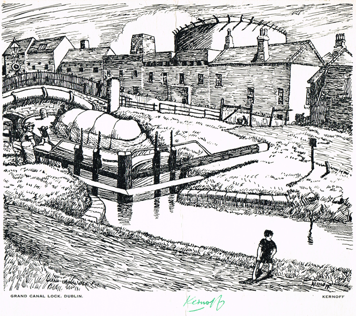 GRAND CANAL LOCK, DUBLIN, ACCORDIAN PLAYER, DARBY AND JOAN & AN CAILN by Harry Kernoff RHA (1900-1974) at Whyte's Auctions