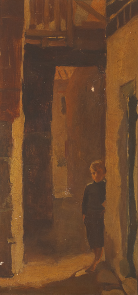 Late 19th / 20th Century Irish & British School<P><R>STUDY OF A YOUNG BOY LEANING AGAINST A WALL FRAMED BY WOODEN EAVES ABOVE AND STREET BEYOND<P> <R>oil on canvas<R>with faint indistinct inscriptions... at Whyte's Auctions