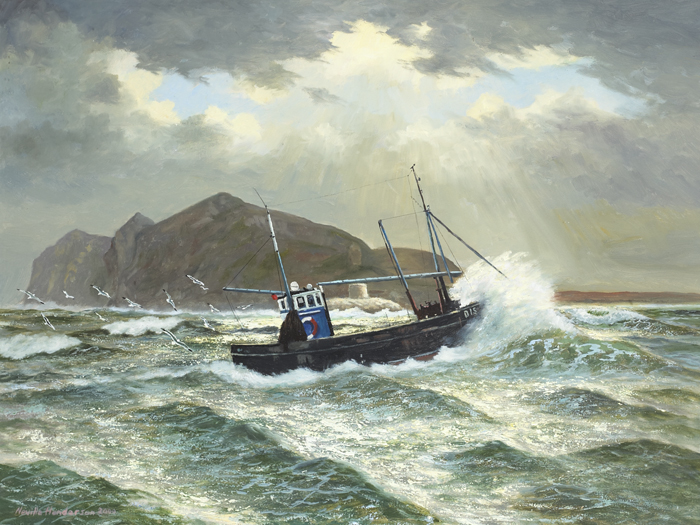 TRAWLERS ON ROUGH SEAS, HOWTH, COUNTY DUBLIN (A PAIR) by Neville Henderson (d. 2020) at Whyte's Auctions