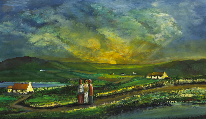 THREE SHAWLED LADIES ON A ROAD AT SUN RISE by James Bingham (19252009) at Whyte's Auctions