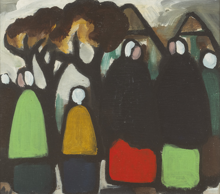 GATHERING OF SHAWLIES BEFORE TREE AND COTTAGES by Markey Robinson (1918-1999) at Whyte's Auctions