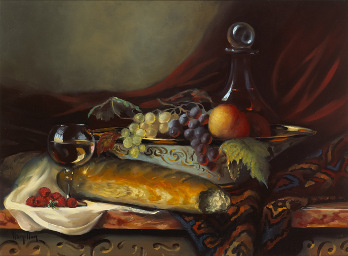 STILL LIFE WITH BREAD, WINE AND STRAWBERRIES by Ken Hamilton (b.1956) at Whyte's Auctions