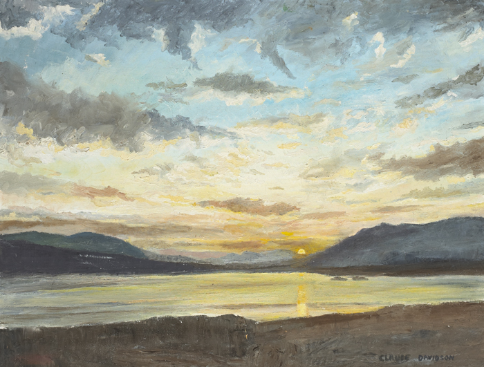 MOUNTAINS AND LAKE BY SUN RISE by Claude Davidson  at Whyte's Auctions