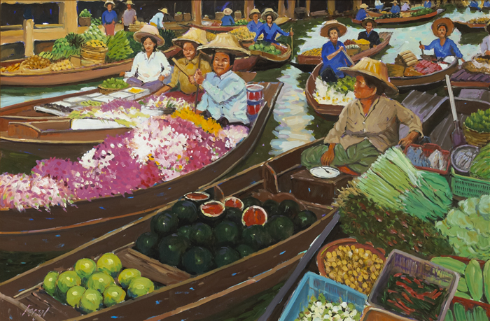 FLOATING MARKET I, DAMNOEN SADUAK, THAILAND by Fergal Flanagan (b.1948) at Whyte's Auctions