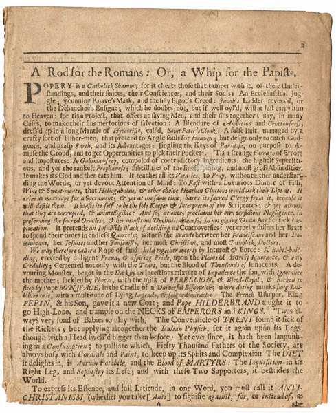 1708. anti Popery pamphlet. "A Rod for the Romans: Or, A Whip for the Papists" at Whyte's Auctions