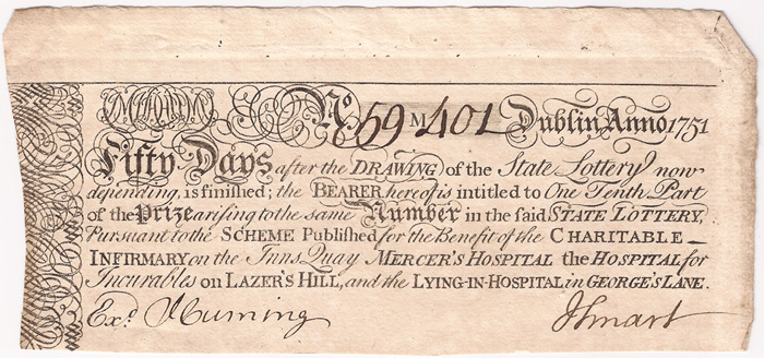 1751: Dublin Joint Hospital Scheme lottery ticket
 at Whyte's Auctions