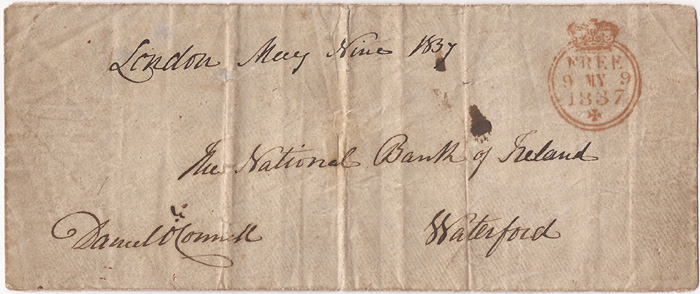 1837 (9 May) Daniel O'Connell signed envelope to National Bank of Ireland Waterford at Whyte's Auctions