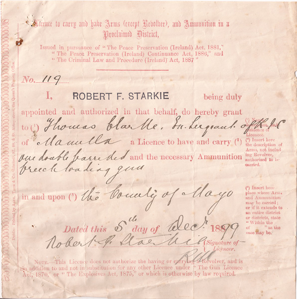 1899: Royal Irish Constabulary discharge certificate and gun licence at Whyte's Auctions