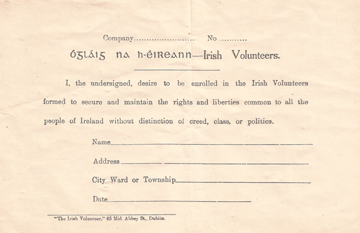 circa 1914 Irish Volunteers enrolment form 
 at Whyte's Auctions