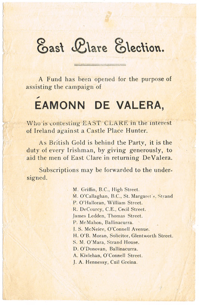 1917: Sinn Fin East Clare by-election de Valera fund raising handbill 
 at Whyte's Auctions
