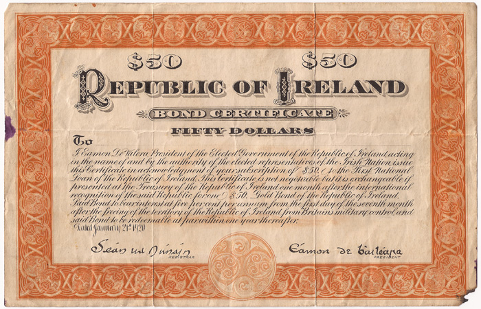 1920 (21 January) Republic of Ireland Fifty Dollars Bond issued by amon de Valera at Whyte's Auctions