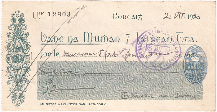 1920 (2 July) Terence MacSwiney hand written and signed cheque 
 at Whyte's Auctions
