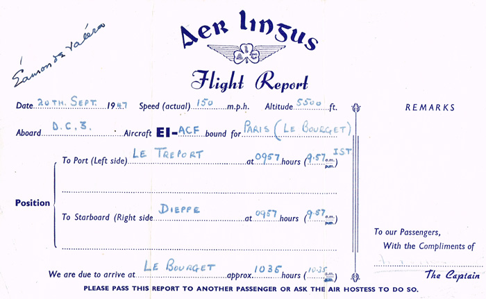 1947: Aer Lingus flight reports signed by amon de Valera at Whyte's Auctions