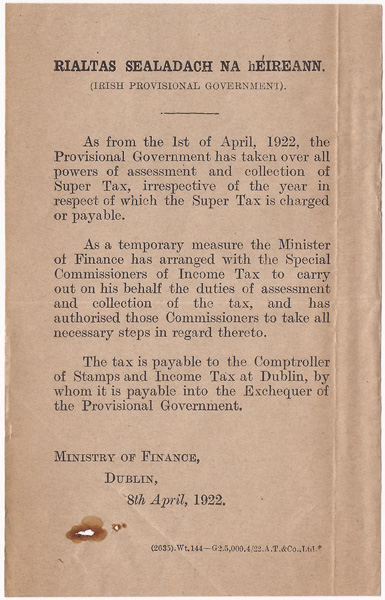 1922 (8 April) Rialtas Sealadach Na hireann Super Tax handbill at Whyte's Auctions