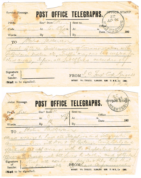 1922 (14 July) Cork Brigade IRA Civil War Post Office Telegrams at Whyte's Auctions