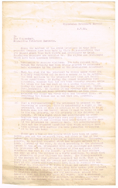 1922 (5 August) Republican prisoners' letter to 'The Commandant Kilmainham Detention Barracks' at Whyte's Auctions