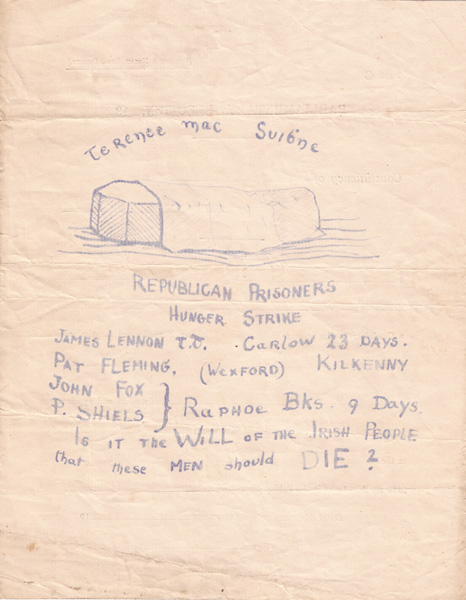 circa 1923: Constance Markievicz Republican Prisoners Hunger Strike sketch and note at Whyte's Auctions