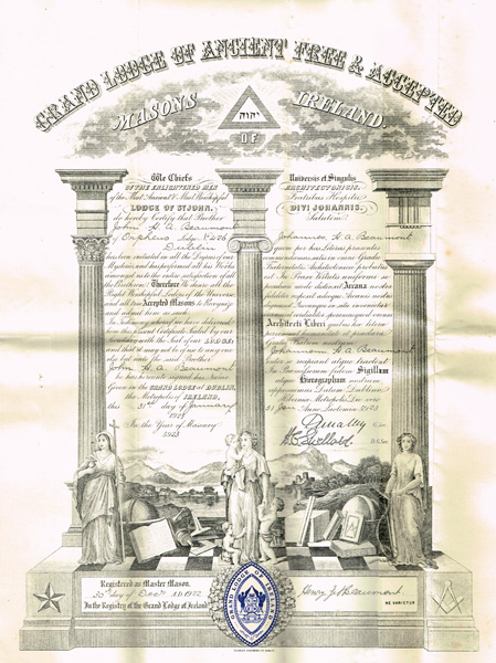 1922 (30 December) Dublin Grand Lodge of Masons certificate and medal at Whyte's Auctions