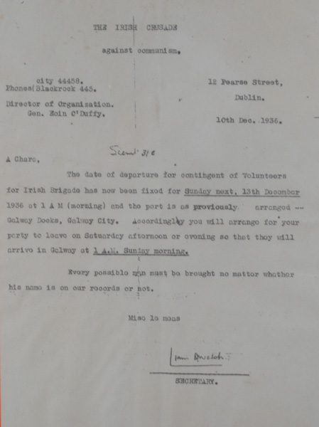 1936 (10 December) Irish Crusade against Communism Notice for Volunteers for Irish Brigade to Spain at Whyte's Auctions