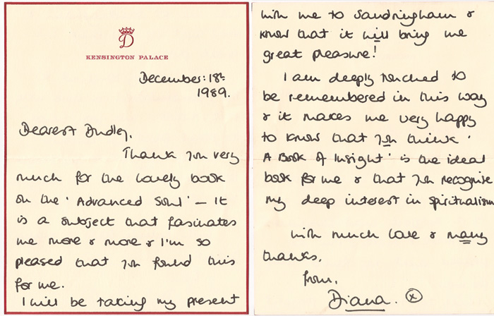 1989 (18 December) Diana, Princess of Wales, Kensington Palace handwritten and signed letter at Whyte's Auctions