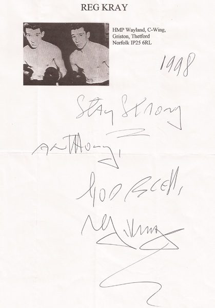 1998: Reggie Kray autograph on headed paper at Whyte's Auctions