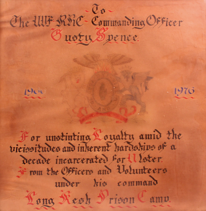 1966-76: Loyalist Long Kesh artwork presented to Gusty Spence as UVF and RHC commander at Whyte's Auctions