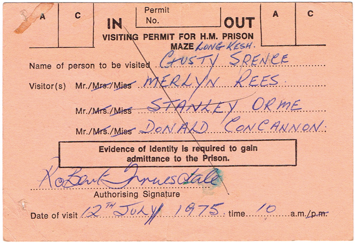 1975 (12 July) Gusty Spence Long Kesh visitors permit issued to Merlyn Rees at Whyte's Auctions