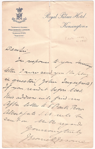 Jerome K Jerome (1859-1927) letter to Martin Harvey and others signed Cyril Maude and Gilbert Parker. at Whyte's Auctions