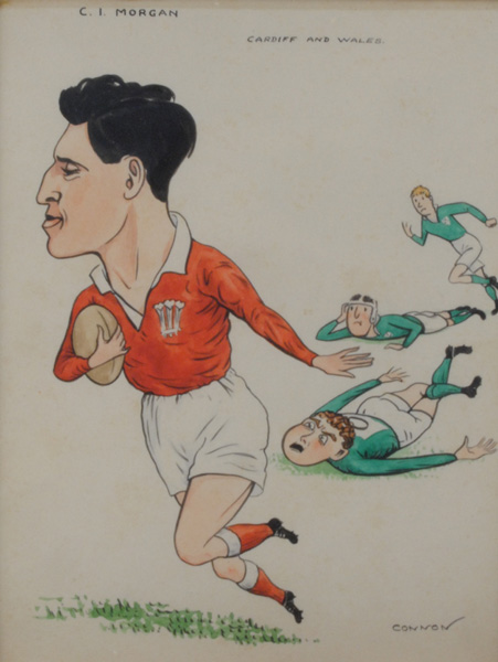 Rugby 1956: Cartoon by Connon of Cliff Morgan in Ireland v Wales at Whyte's Auctions