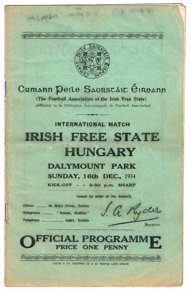 Soccer 1934 (16 December) Irish Free State v Hungary match programme at Whyte's Auctions