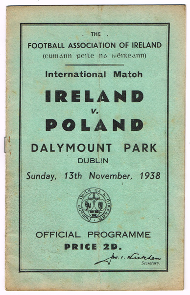 Soccer 1938 (13 November) Ireland v Poland match programme at Whyte's Auctions
