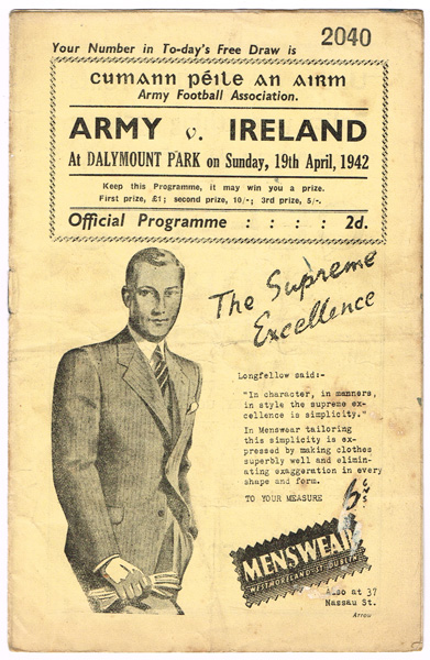 Soccer 1942-44 Emergency period Army v Ireland match programmes at Whyte's Auctions