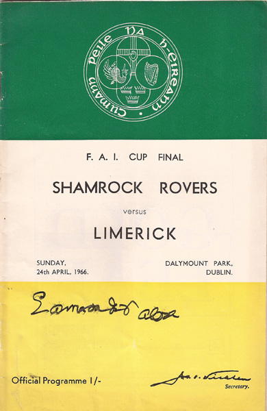 Soccer 1966 FAI Cup Final (24 April) Shamrock Rovers v Limerick
programme signed by de Valera at Whyte's Auctions