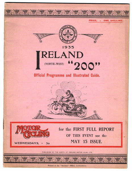 Motor Cycle Racing 1935 Ireland North West '200' programme at Whyte's Auctions