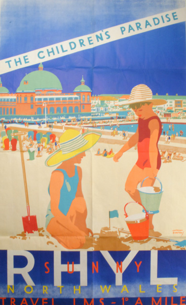 circa 1930: 'Sunny Rhyl, The Children's Paradise' London Midland & Scottish Railway Poster at Whyte's Auctions