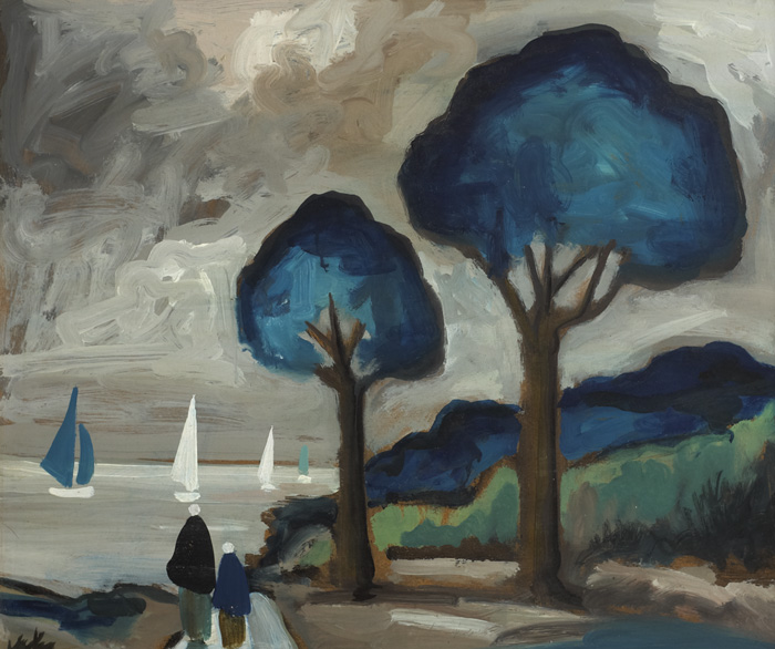 TWO BLUE TREES, SHAWLIES AND SAILBOATS by Markey Robinson (1918-1999) at Whyte's Auctions