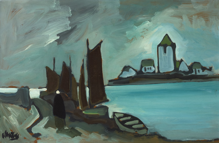 SHAWLIE AND SAILBOATS BY THE SHORE by Markey Robinson (1918-1999) at Whyte's Auctions