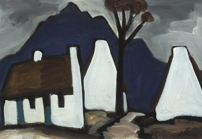 THREE COTTAGES AND TREE AGAINST A BLUE MOUNTAIN by Markey Robinson (1918-1999) at Whyte's Auctions