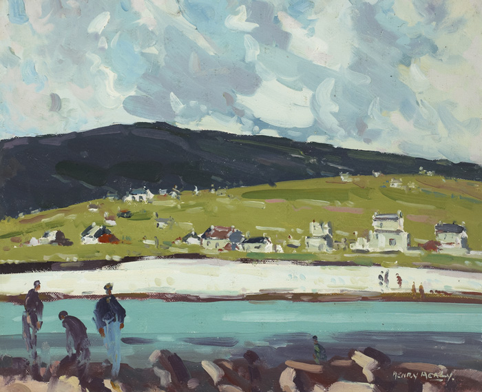 FIGURES BY THE SHORE WITH COTTAGES AND MOUNTAIN BEYOND, ACHILL, COUNTY MAYO by Henry Healy sold for 850 at Whyte's Auctions