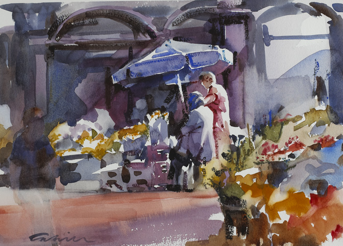 BLUE SHADE - FLOWER SELLERS, GRAFTON STREET, DUBLIN by Patrick Cahill sold for �340 at Whyte's Auctions